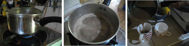 Images of ground Cacao beans being boiled to make
        chocolate drink