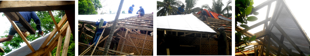 Images of workmen changing a tropical house roof