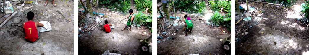 Images of workers leaving after constructing a wall
        along tropical backyard boundary