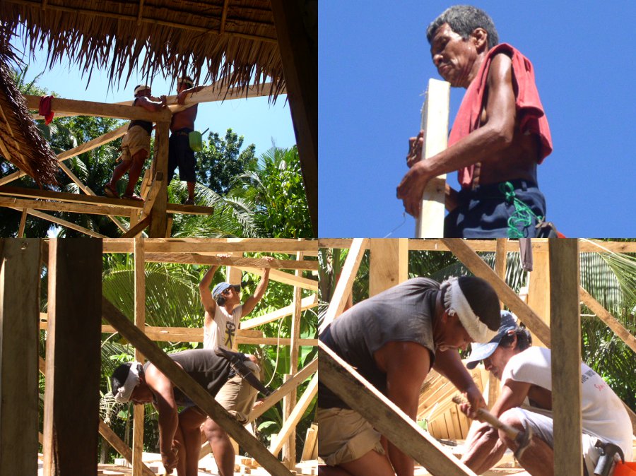 Images of workers
        building traditional wooden house