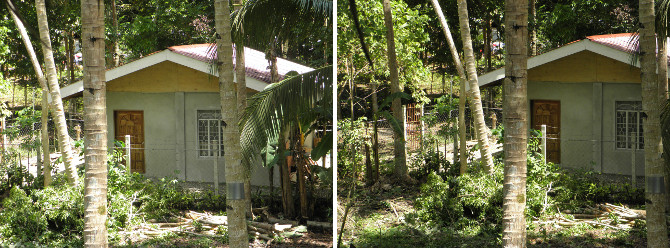 Images of debris by fence and house