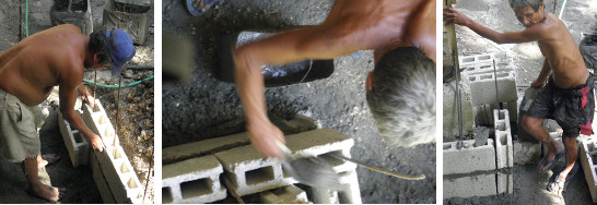 Images of wall being built by hand with hollow blocks