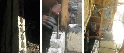 Images of building wall from hollow blocks by hand