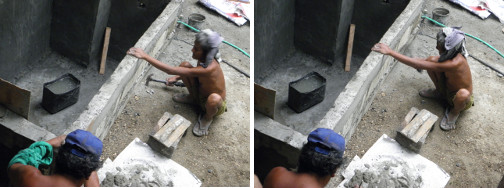 Images of men building garden
          reservoir for rainwater