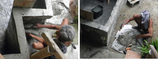 Image of man adding waterproof layer of cenent to
              outside of garden rainwater reservoir