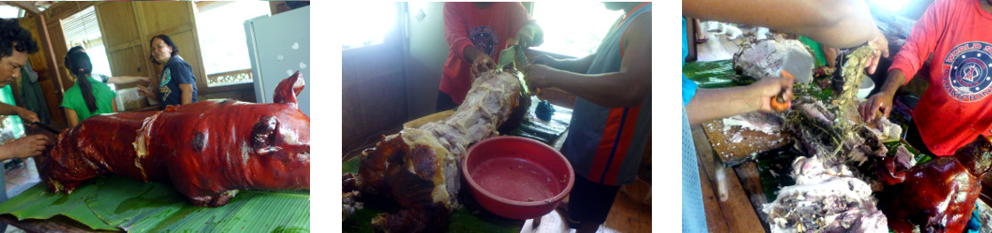 Images of roast pig being carved up in tropical house