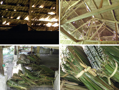 Images of holes in palm frond roof and
        stockpiled material for repairs