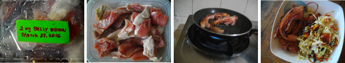 Images of Homemade belly bacon being cooked