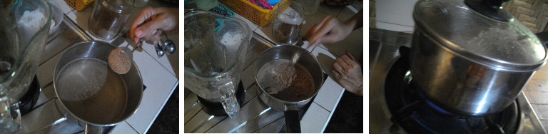 Images of ground cacao beans being boiled