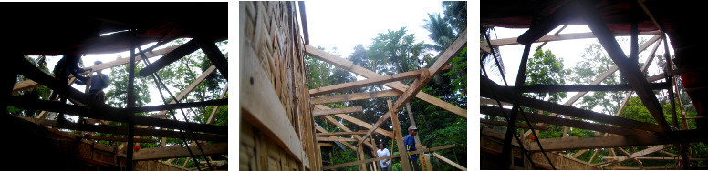Images of men working on changing roof of tropical
        house