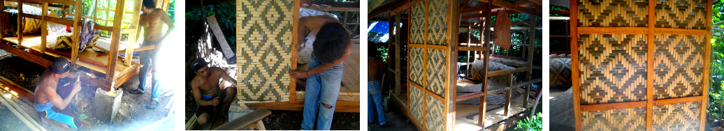 Images of Amakan walls being applied to external kitchen
        in tropical backyard