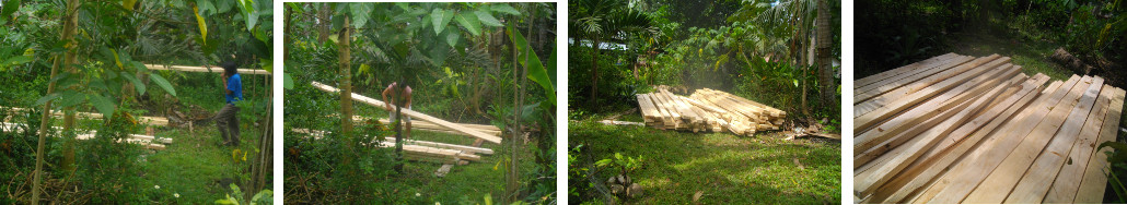 Images of wood arriving for
        construction in tropical backyard