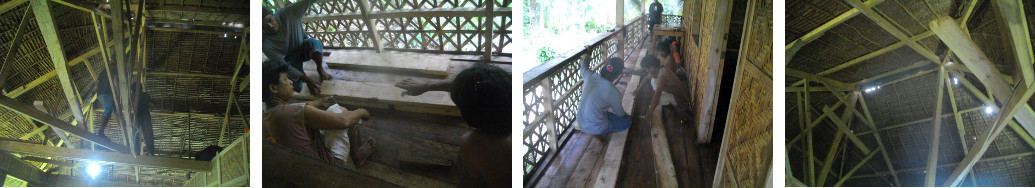 Images of men working on repalcing the roof of a
        tropical house