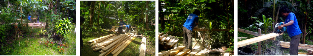 Imags of workmen sawing wood in a
        tropical garden