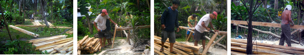 Images of men working to chang the
        roof of a tropical house