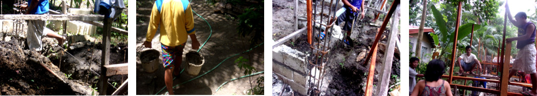 Images of men building a tropical backyard pig pen