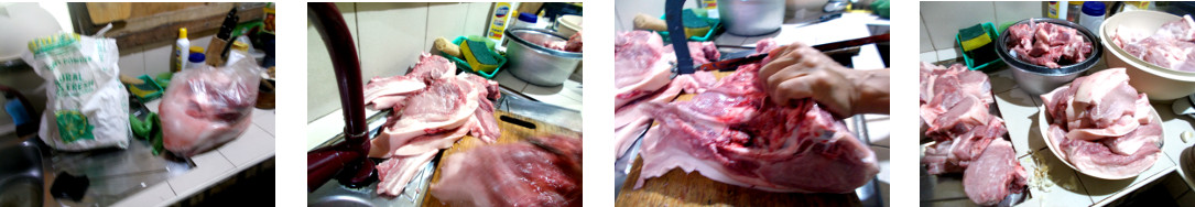 Images of 20 kg pork recently bought
        from a neighbour being processed in tropical home