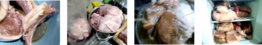 Images of recently bought pork being processed in
        tropical home