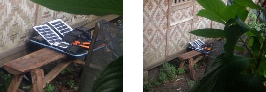 Images of
            solar devices charging in tropical backyard
