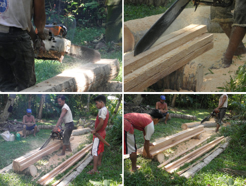 Images of planks being cut from coco lumber using a
        chain saw