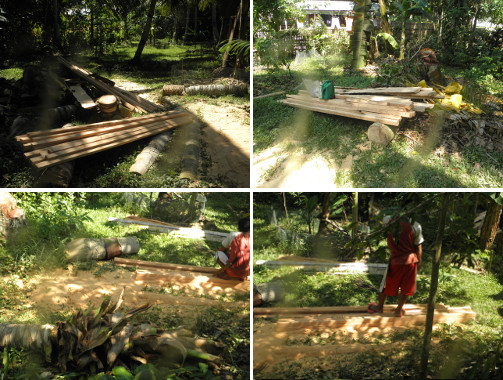 Images of piles of chainsaw cut coco lumber in garden