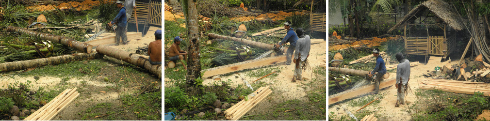 Images of coco lumber being cut by hand