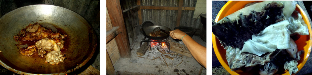 Images of pig's skin and backbone being fried in
          tropical backyard kitchen