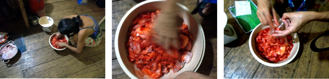 Images of marinating fresh pork to make
        Tocino