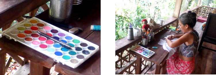 Images of woman painting on tropical
          balcony