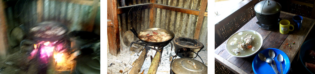 Images of a meal fro the workers after butchering a
        tropical backyard pig